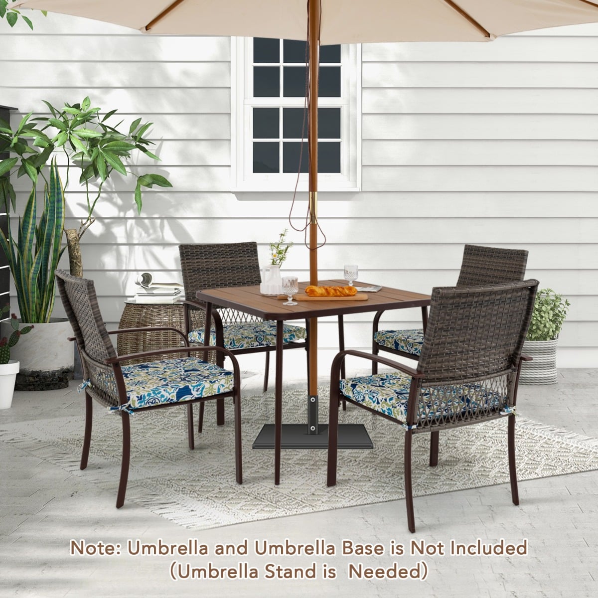 5 Pieces Patio Dining Set with 4 Cushioned Rattan Armchairs and Square Table