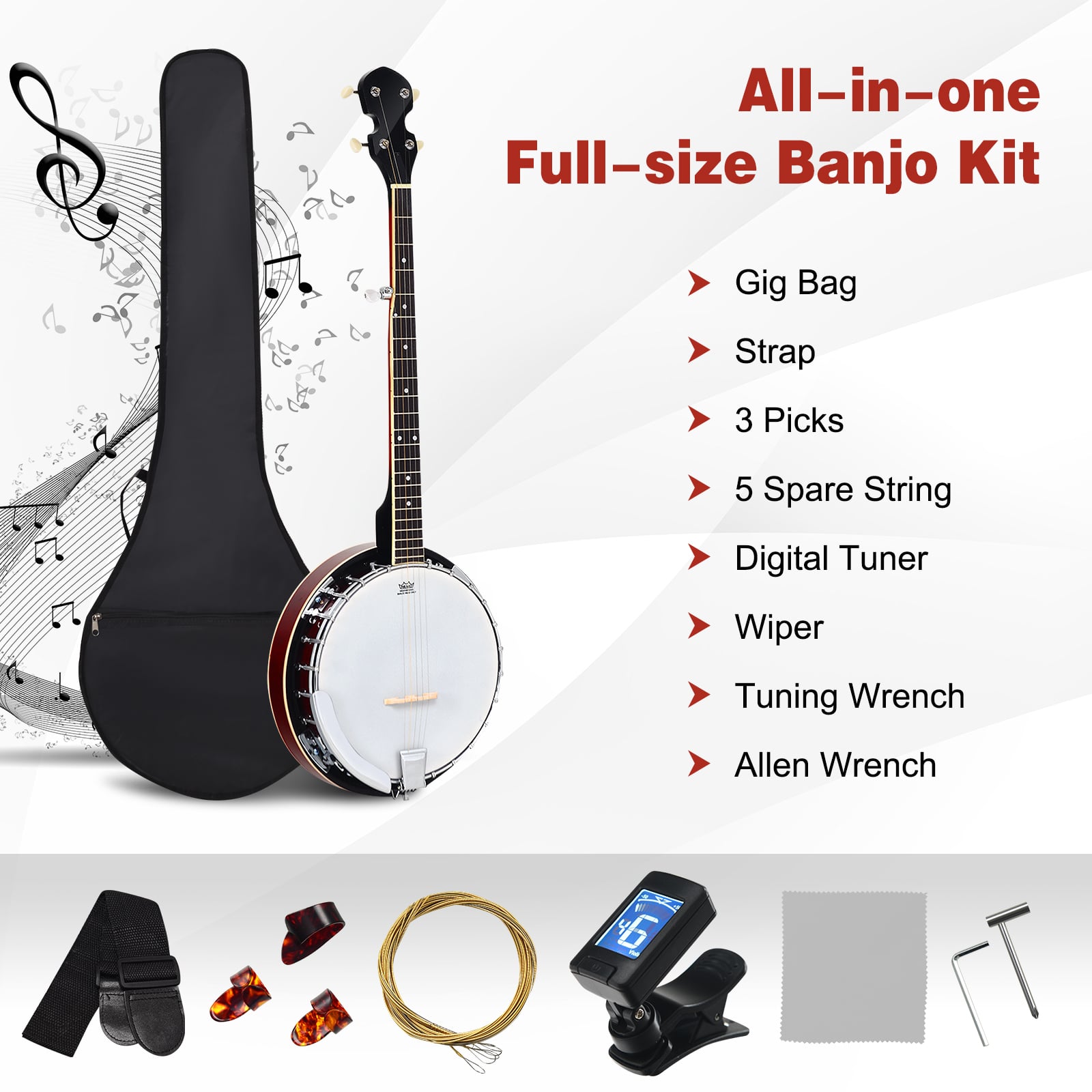 Full Size 5-string Banjo with 24 Bracket Remo Head