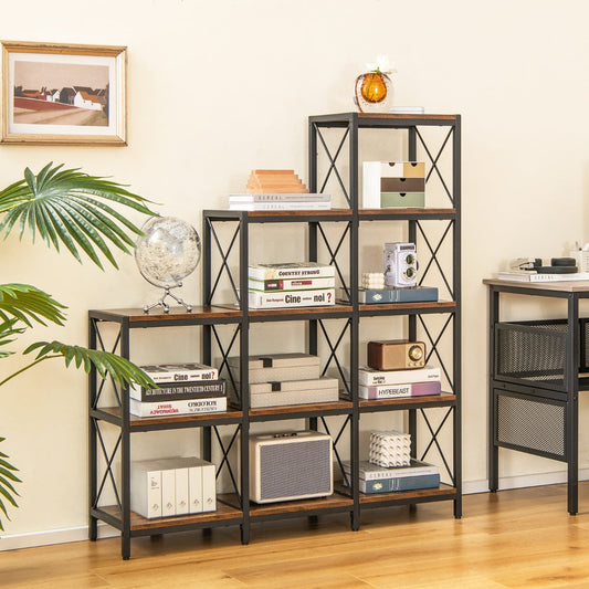 5-Tier Bookshelf with Carbon Steel Frame and Anti-Tipping Kits-Rustic Brown