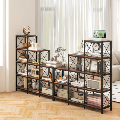 5-Tier Bookshelf with Carbon Steel Frame and Anti-Tipping Kits-Rustic Brown