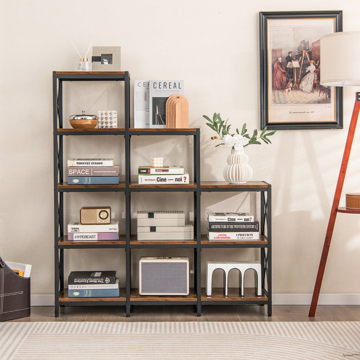 5-Tier Bookshelf with Carbon Steel Frame and Anti-Tipping Kits-Rustic Brown