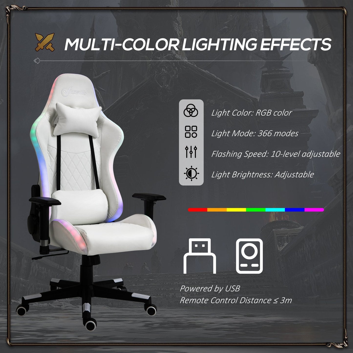 Vinsetto Gaming Chair w/ RGB LED Light, Arm, Swivel Home Office Gamer Recliner, White