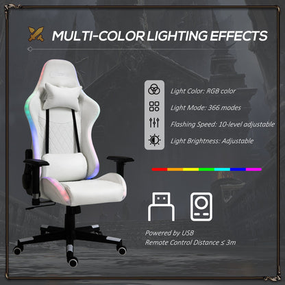 Vinsetto Gaming Chair w/ RGB LED Light, Arm, Swivel Home Office Gamer Recliner, White