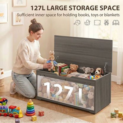 HOMCOM 127L Home Storage Box, with Safety Hinges - Dark Grey Wood-Effect