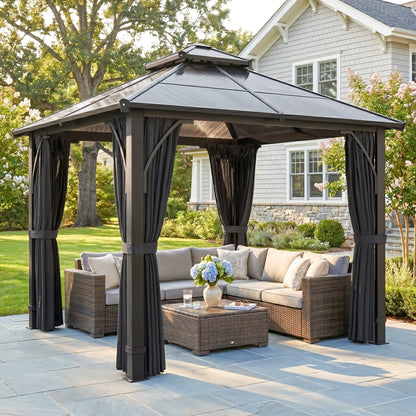 Outsunny 2.5 x 2.5 m Hardtop Gazebo Canopy with 7mm PC Roof, Garden Gazebo Permanent Pavilion with Netting, Curtains, Dark Grey