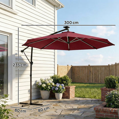 Outsunny 3 m Garden Cantilever Parasol with LED Solar Light, Round Overhanging Umbrella with 360 degrees Rotation, Cover, Wine Red