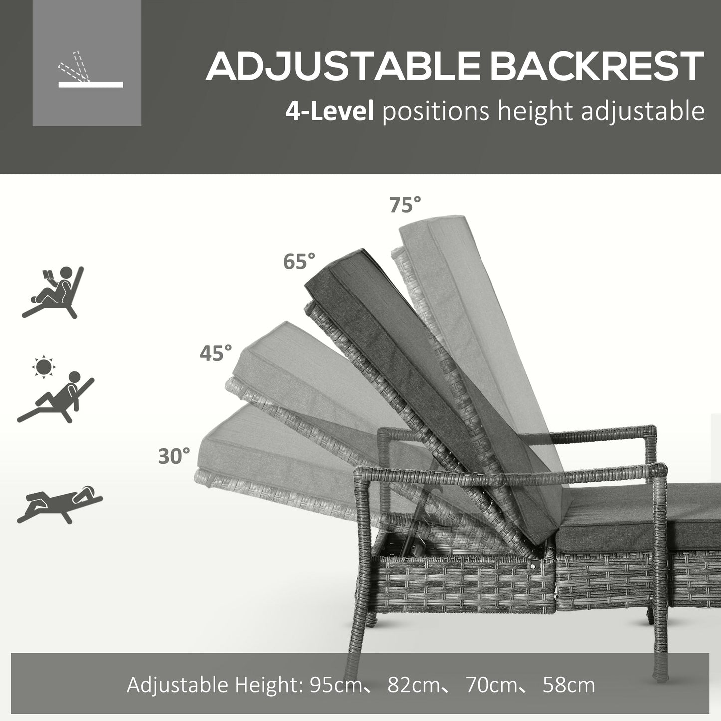 طقم كراسي استلقاء للتشمس من الروطان من Outsunny مكون من قطعتين مع وسادة، أثاث كرسي استلقاء للتشمس في الهواء الطلق مكون من قطعتين مع مسند ظهر قابل للإمالة على 4 مستويات ومسند للذراعين، باللون الرمادي
