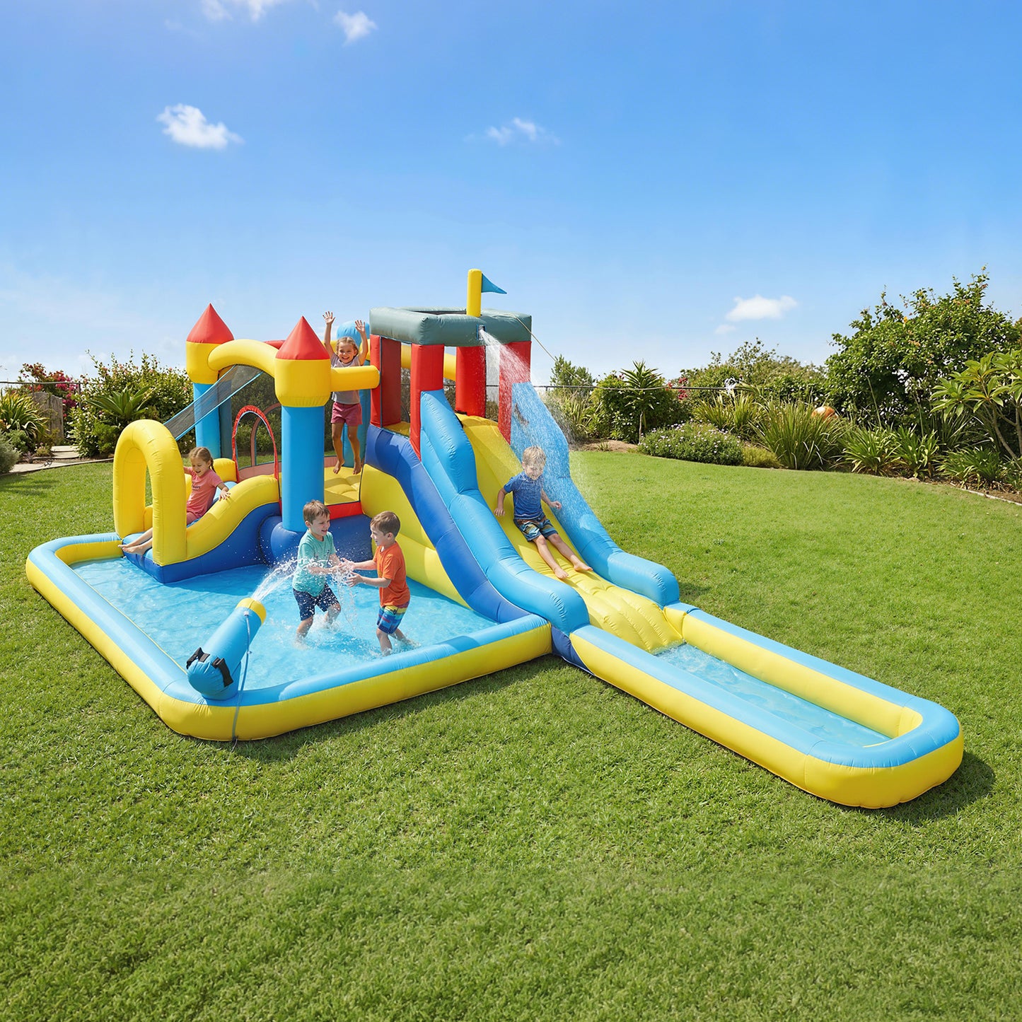 AIYAPLAY Inflatable Bouncy Castle, Kids Water Bounce House 6 in 1 with 550W Blower, 2 Slides for Garden, Party, Outdoor Indoor