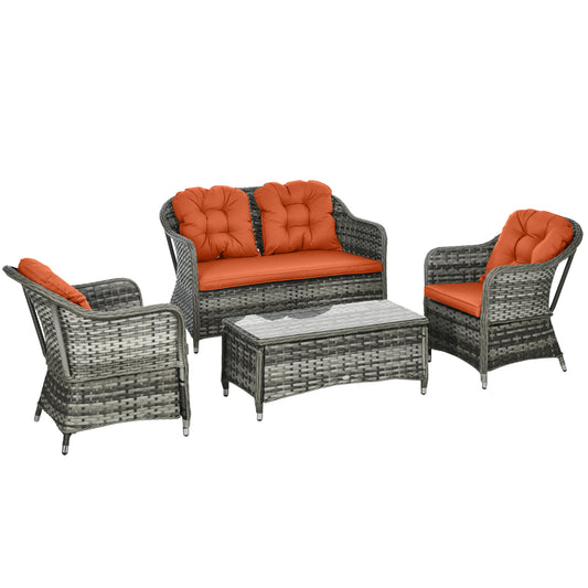 Outsunny Four-Piece Rattan Sofa Set, with Glass-Top Table - Orange