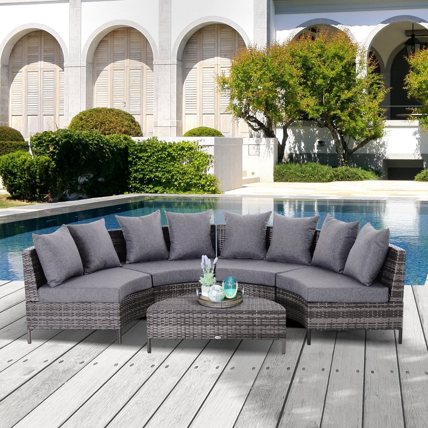 طقم أريكة وطاولة خارجية نصف دائرية من Outsunny Rattan Garden Furniture مكون من 4 مقاعد وطاولة فناء منسوجة من الخيزران مع مقعد مبطن ووسادة - رمادي