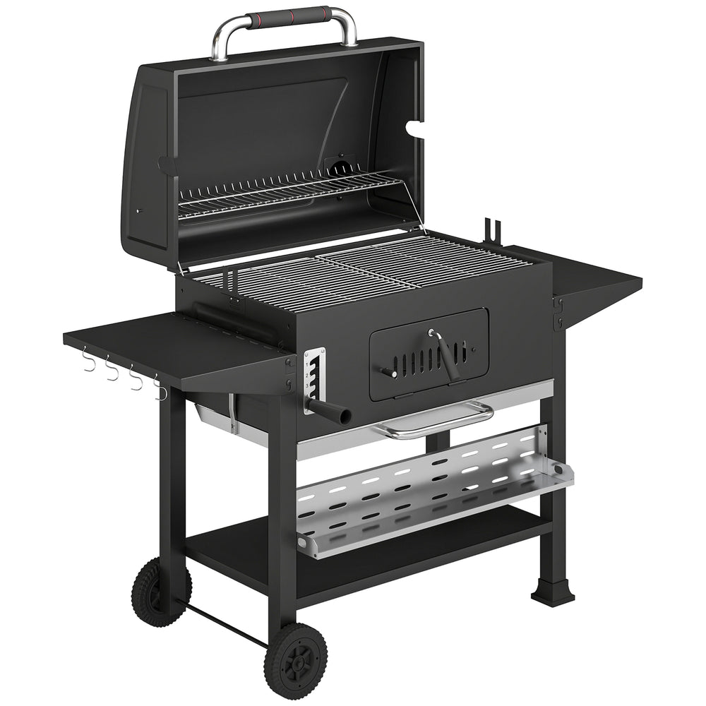 Outsunny Charcoal BBQ Grill Smoker with Electric Rotisserie Kit, Portable Barbecue Grill with Warming Rack, Black