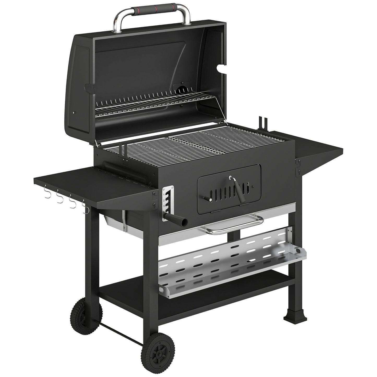 Outsunny Charcoal BBQ Grill Smoker with Electric Rotisserie Kit, Portable Barbecue Grill with Warming Rack, Black