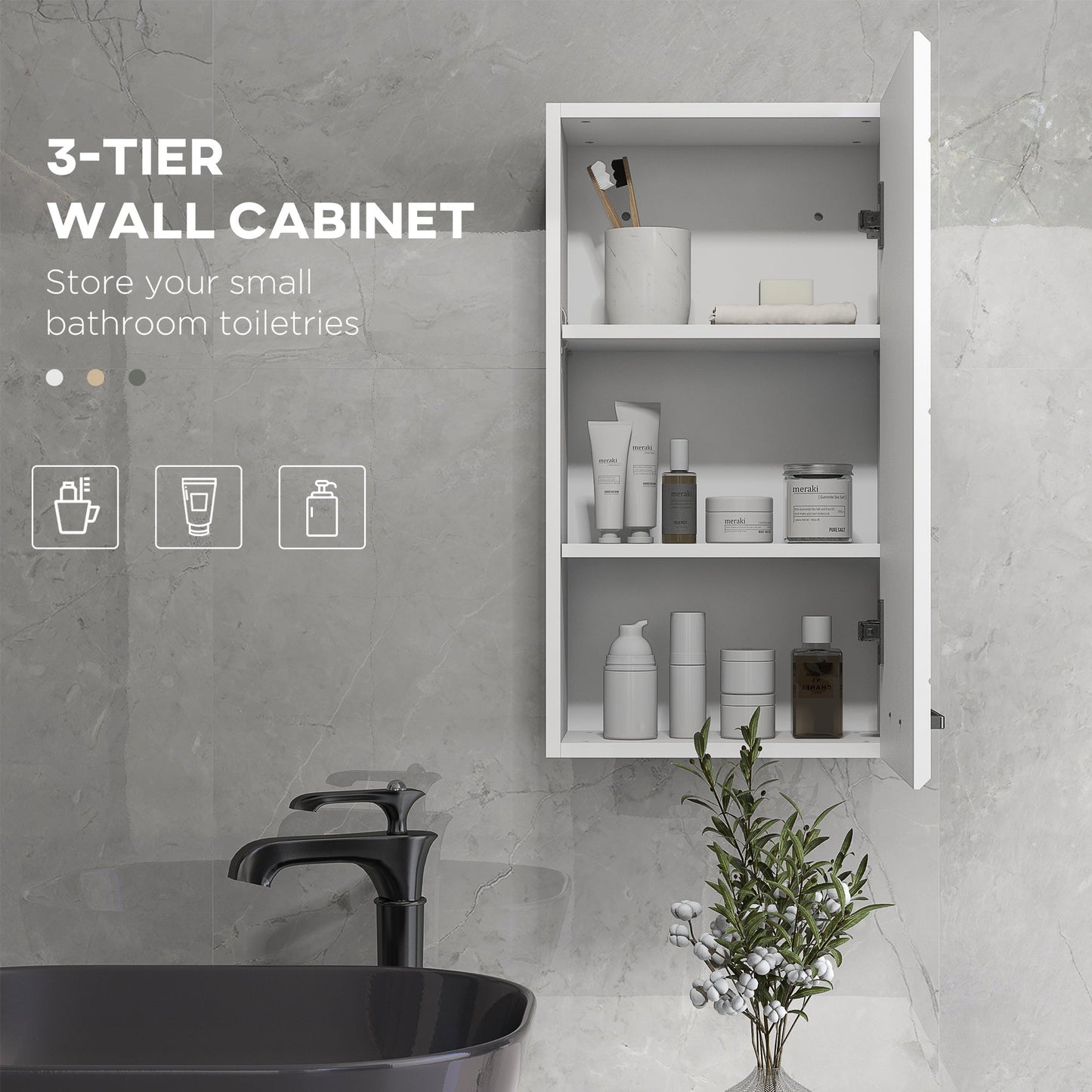kleankin Bathroom Wall Cabinet, High Gloss Bathroom Storage Cabinet with Soft-Close Door, 3 Shelves, Adjustable Shelf, White