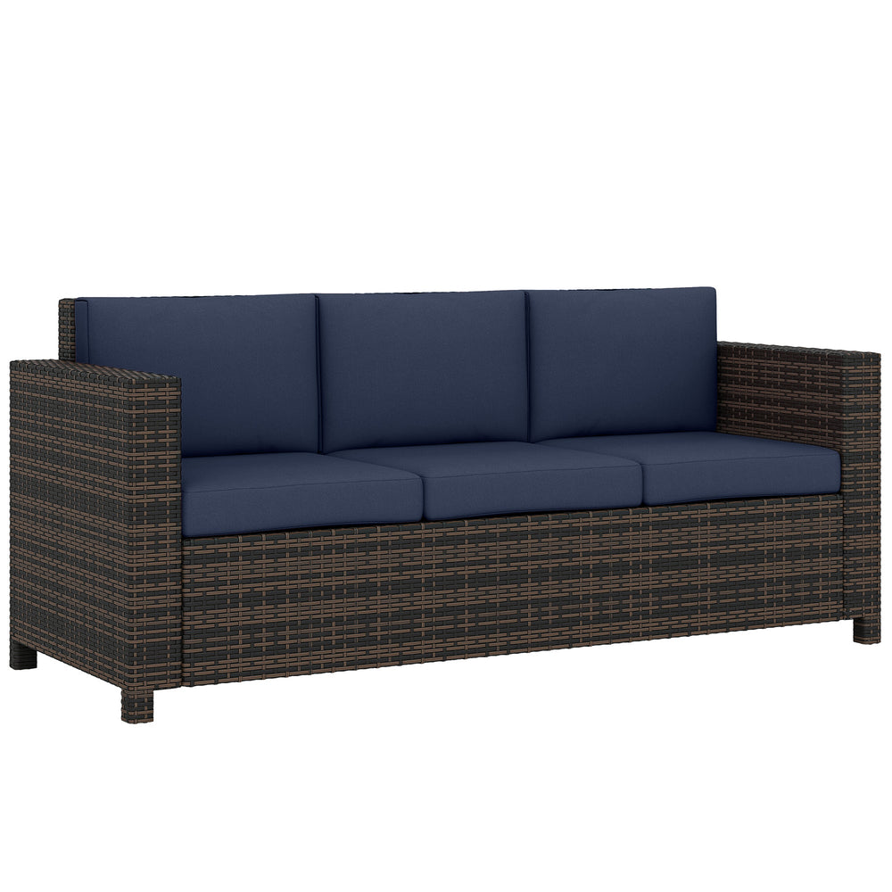 Outsunny 3 Seater Rattan Sofa All-Weather Wicker Weave Metal Frame Chair with Fire Resistant Cushio-Dark Blue