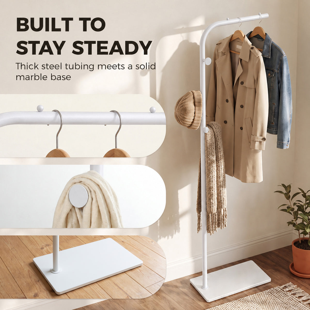 HOMCOM Clothing Rack with 3 Side Hooks, Garment Rack with Marble Base, 45 x 25 x 169 cm, for Bedroom, Bathroom, White