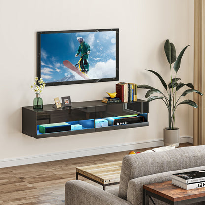 HOMCOM Floating TV Unit, Wall Mounted TV Cabinet for TVs up to 65", High Gloss Media Wall Unit with LED Lights, Storage Shelves for Living Entertainment Room, Black