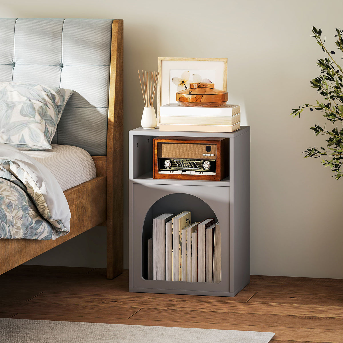 HOMCOM Bedside Table with 2 Open Compartments - Grey