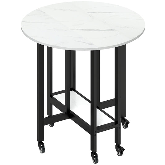 HOMCOM Folding Dining Table, Drop Leaf Table with Open Shelf, Rolling Kitchen Table for Dining Room, Small Spaces, White Marble
