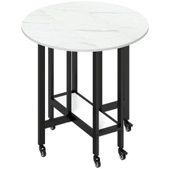 HOMCOM Folding Dining Table, Drop Leaf Table with Open Shelf, Rolling Kitchen Table for Dining Room, Small Spaces, White Marble