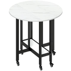 HOMCOM Folding Dining Table, Drop Leaf Table with Open Shelf, Rolling Kitchen Table for Dining Room, Small Spaces, White Marble