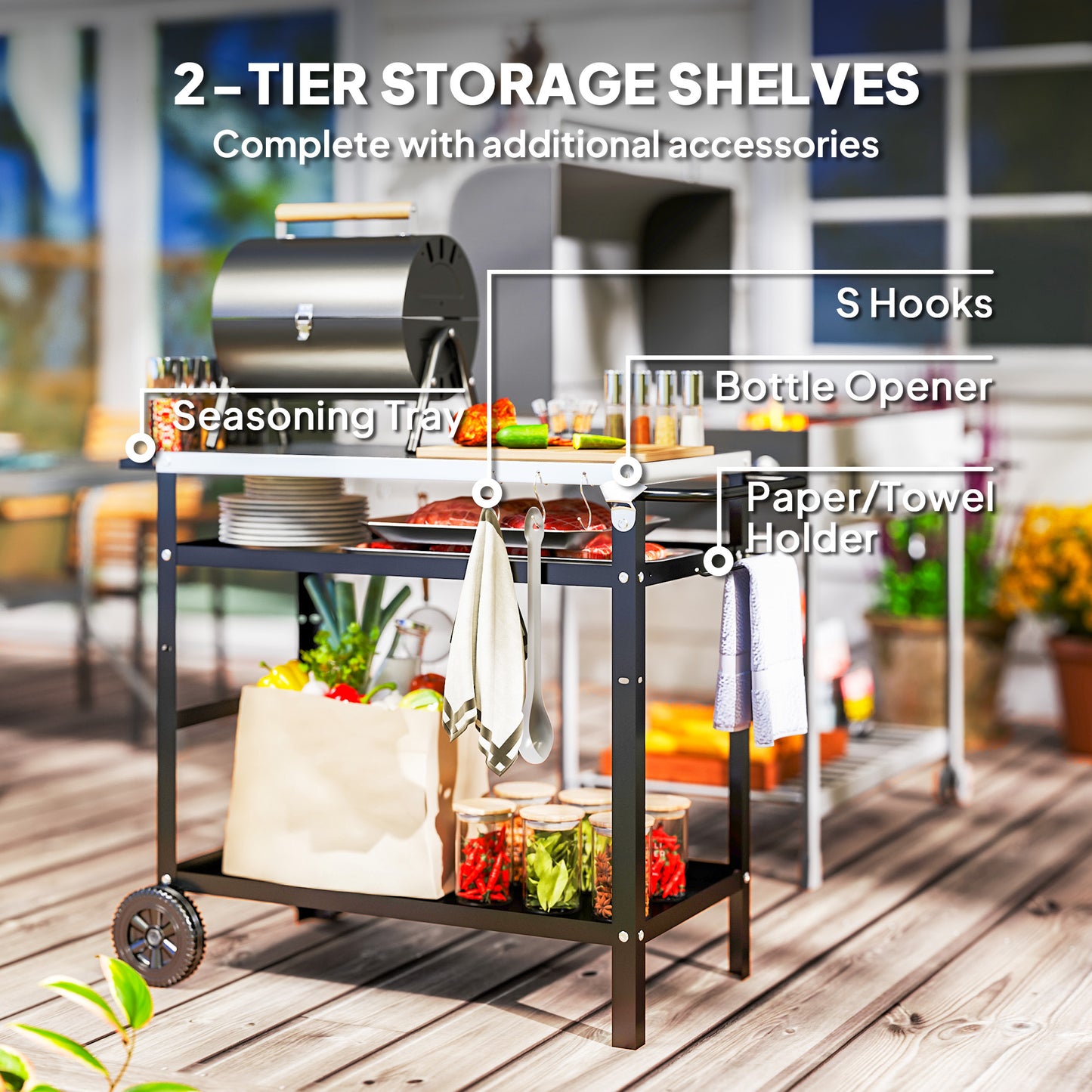 Outsunny BBQ Trolley with Stainless Steel Top Adjustable Shelf, Outdoor Kitchen Barbecue Station with Hooks Seasoning Tray Towel Rack, Pizza Oven Table Movable Grill Dining Cart with Cover, Black