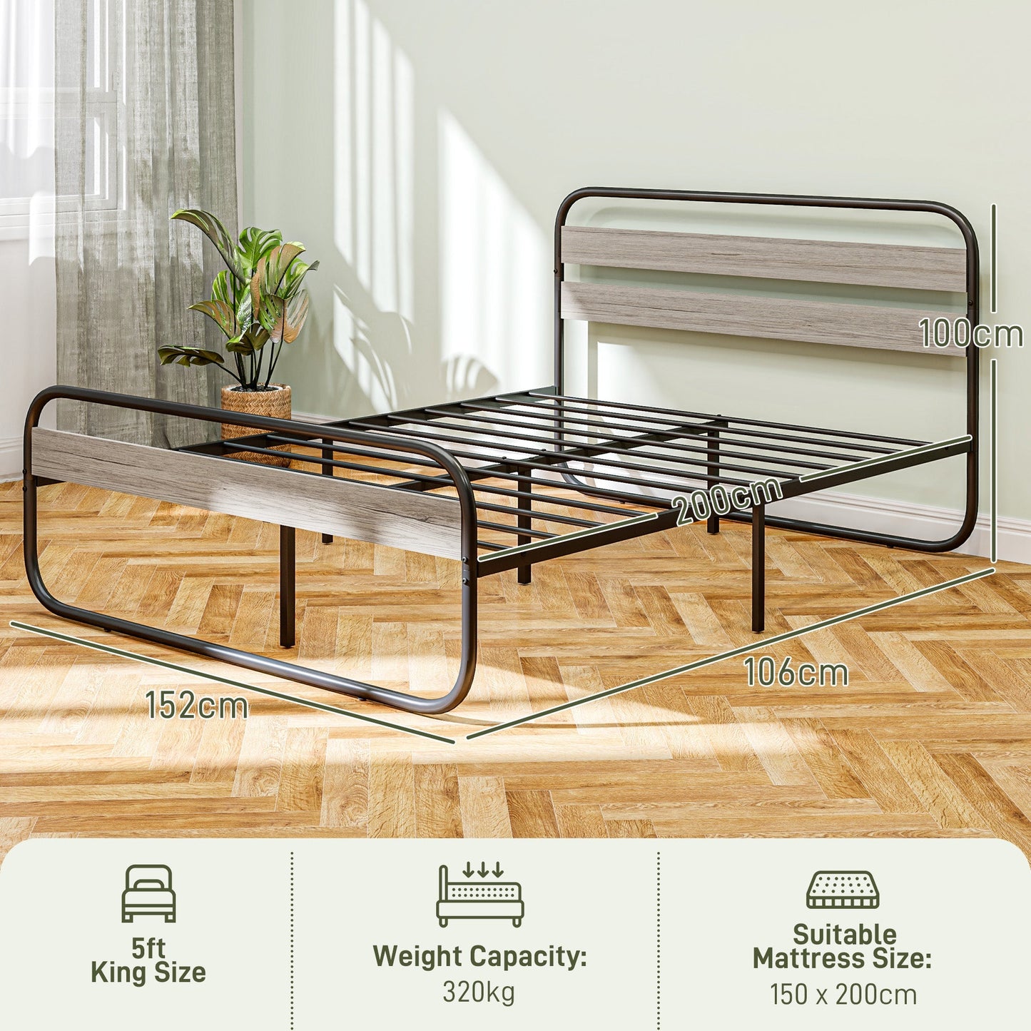 HOMCOM King Size Steel Industrial Bed Frame - Black