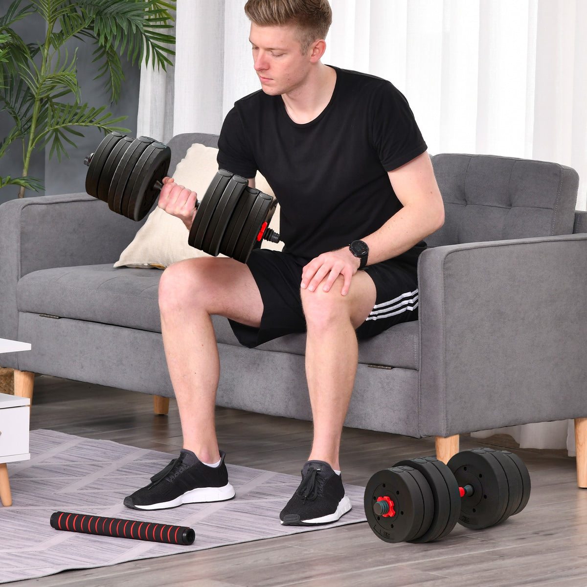 HOMCOM 30kg 2 in 1 Adjustable Dumbbell & Barbell Set, Dumbbell Hand Weight Barbell for Strength Training, Lifting Training Fitness for Home, Office, Gym, Black