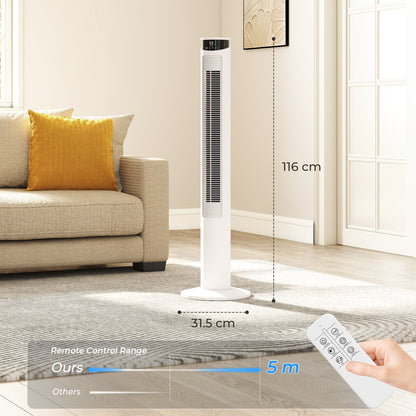 HOMCOM Tower Fan with WiFi Control Standing Floor Fan with Remote Control 116 cm White