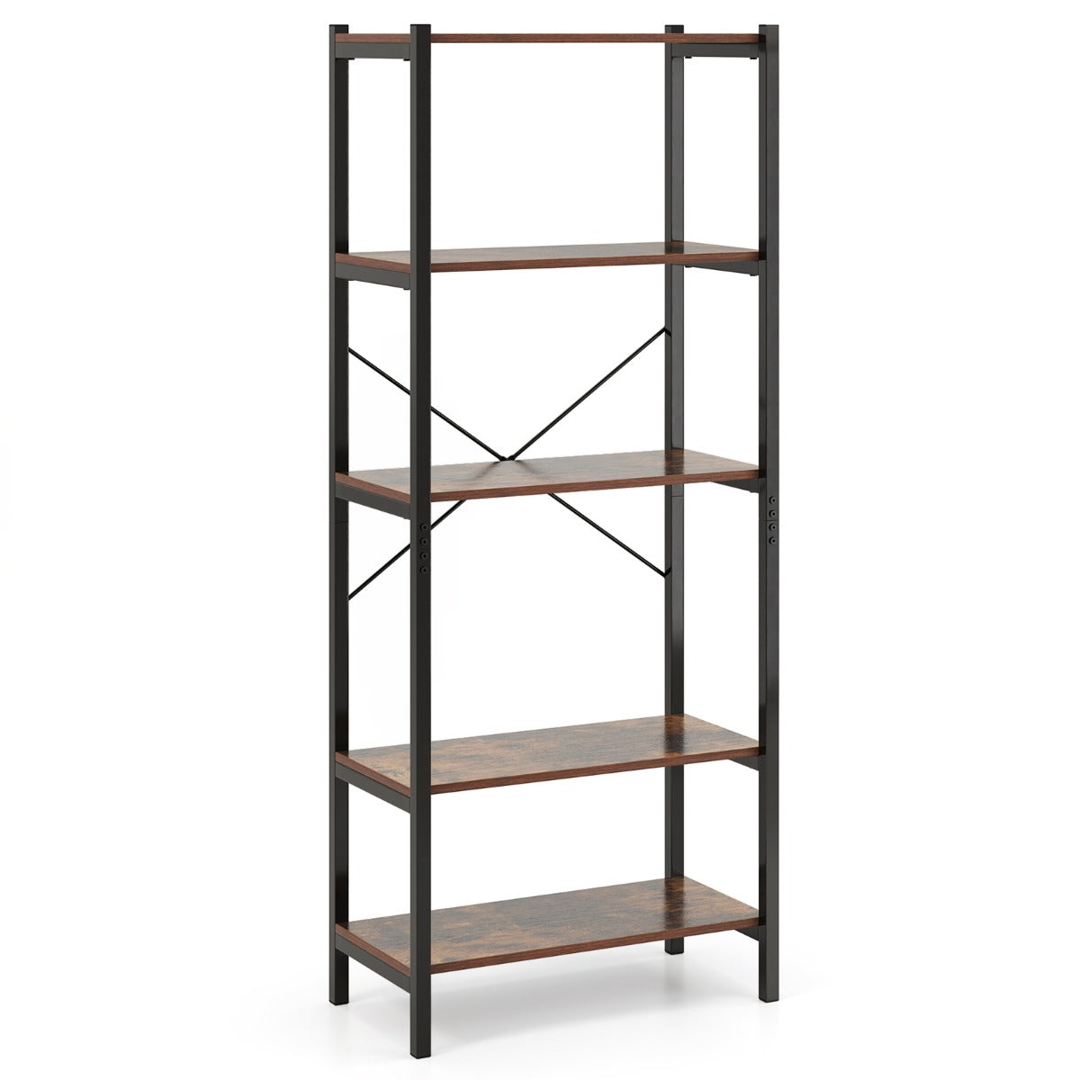 5-Tier Bookshelf Bookcase with Metal Frame and Dual Anti-Tipping Kits-Rustic Brown