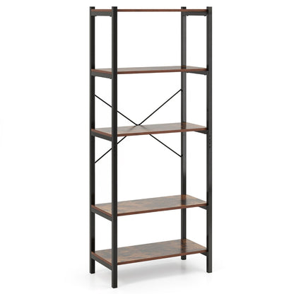 5-Tier Bookshelf Bookcase with Metal Frame and Dual Anti-Tipping Kits-Rustic Brown