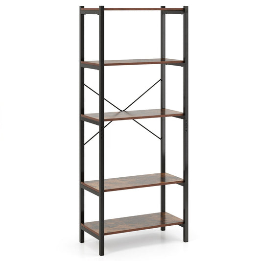 5-Tier Bookshelf Bookcase with Metal Frame and Dual Anti-Tipping Kits-Rustic Brown