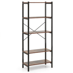 5-Tier Bookshelf Bookcase with Metal Frame and Dual Anti-Tipping Kits-Rustic Brown