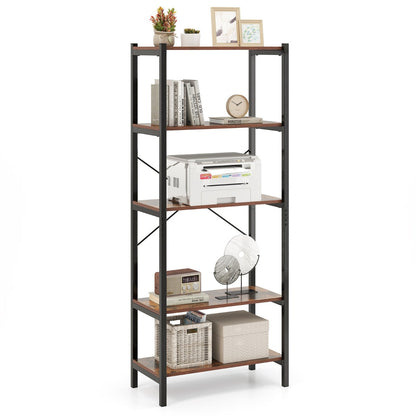 5-Tier Bookshelf Bookcase with Metal Frame and Dual Anti-Tipping Kits-Rustic Brown
