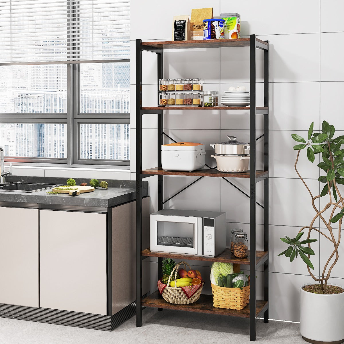 5-Tier Bookshelf Bookcase with Metal Frame and Dual Anti-Tipping Kits-Rustic Brown