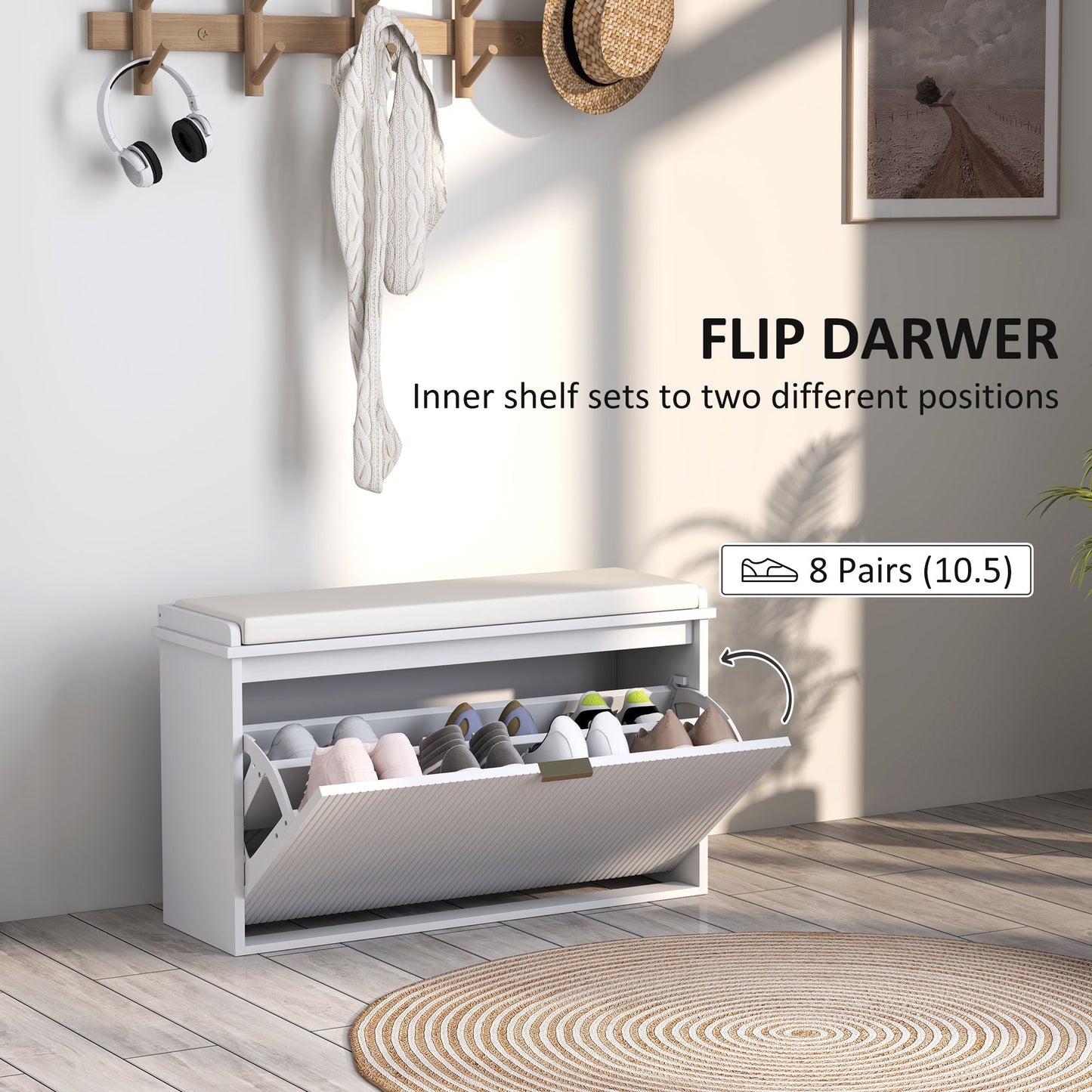 HOMCOM Elegant Eight Shoe Bench, with Top Seat - White
