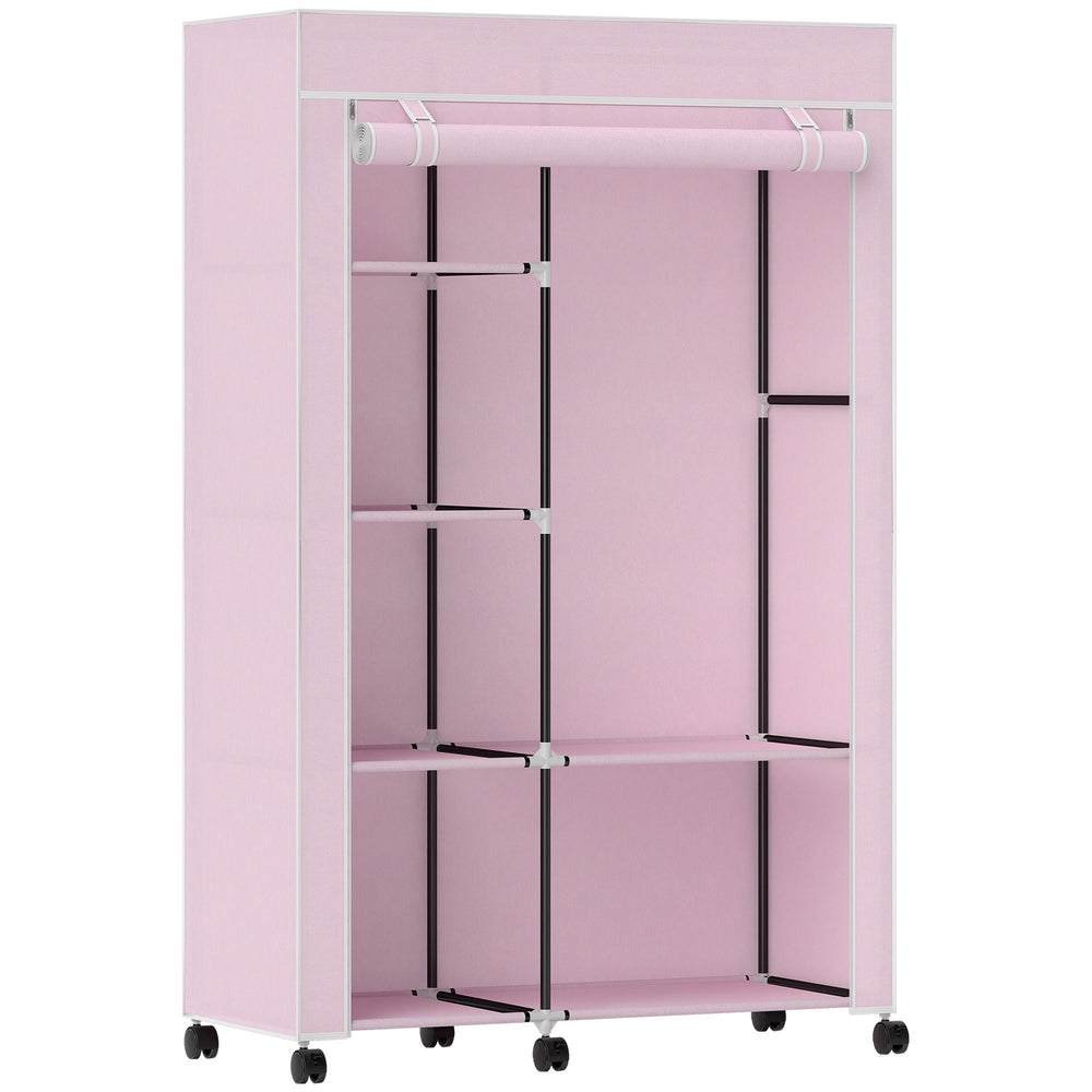 HOMCOM Fabric Wardrobe w/ Shelves Hanging Rail Foldable Wardrobe Pink