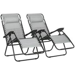 Outsunny Garden Recliner Chairs Set of 2, Outdoor Foldable Zero Gravity Chairs Set w/ Footstool and Detachable Headrest, Grey