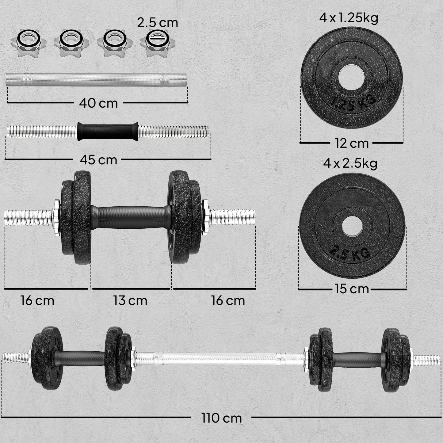 SPORTNOW 2-in-1 Adjustable Dumbbells Set, 20kg Cast Iron Weights Dumbbells Set with Non-Slip Grip for Strength Training, Weight Lifting, Bodybuilding, Home Gym Workout Equipment for Men & Women