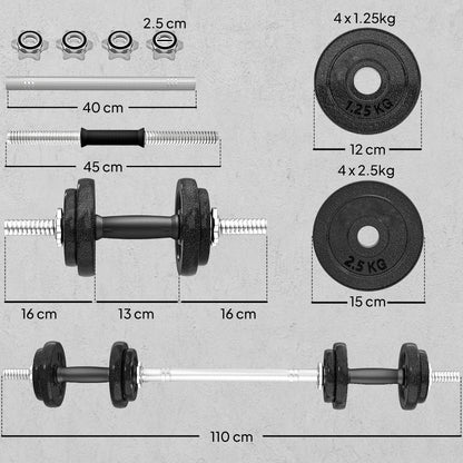 SPORTNOW 2-in-1 Adjustable Dumbbells Set, 20kg Cast Iron Weights Dumbbells Set with Non-Slip Grip for Strength Training, Weight Lifting, Bodybuilding, Home Gym Workout Equipment for Men & Women