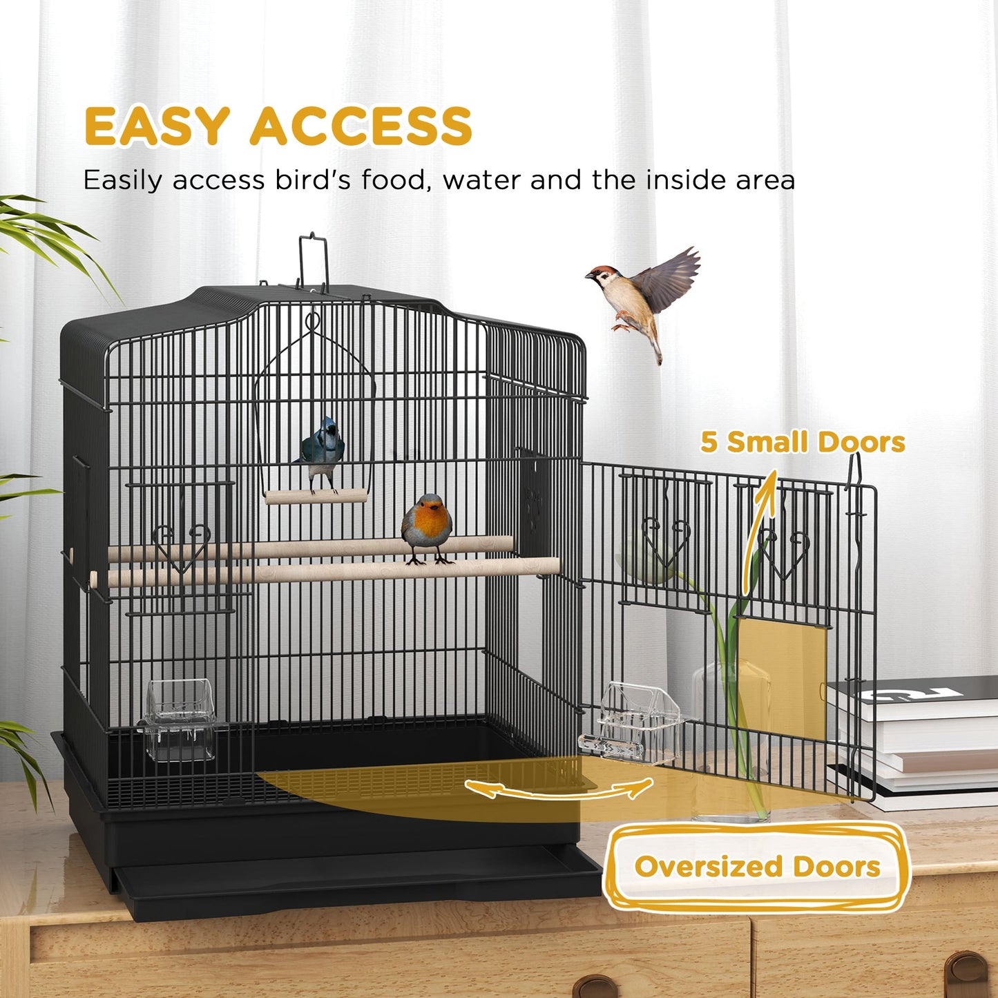 PawHut Large Metal Bird Cage with Perches, Food Bowls, Swing, for Budgies, Parakeets, Black