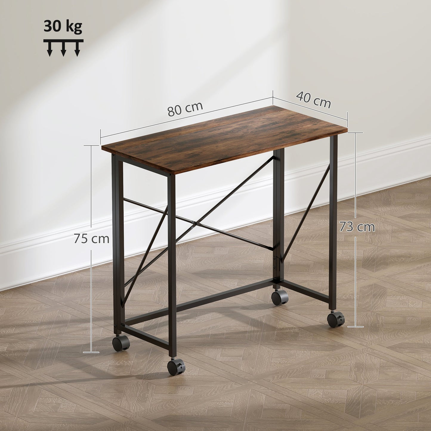HOMCOM 80 cm Folding Desk on Wheels - Rustic Brown