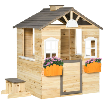 Outsunny Wooden Playhouse for Kids Outdoor Wendy House with Door, windows, Bench, Service Stations, Flowerpot Holder, For Ages 3-7 Years