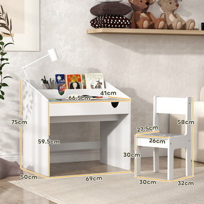 AIYAPLAY Children Study Table and Chair, Kids Desk and Chair Set with Storage, Pull-Out Drawer, for Ages 3-6 Years, Grey