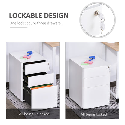 Vinsetto Lockable Cabinet, Rolling Filing Cabinet with 3 Drawers, Steel Office Drawer Unit for A4, Letter, Legal Sized Files-White