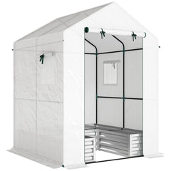 Outsunny Mini Greenhouse with Raised Garden Bed, Galvanised Walk-in Greenhouse with Roll Up Windows, 56