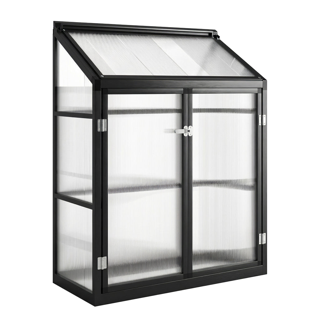 Outsunny 4 x 2ft Polycarbonate Greenhouse, Quick Setup, Lean-to Green House with 2 Hinged Doors, Top Vent, Black