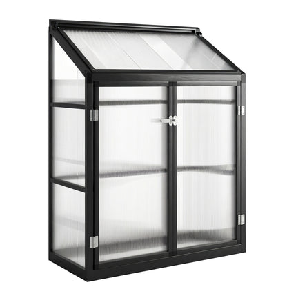 Outsunny 4 x 2ft Polycarbonate Greenhouse, Quick Setup, Lean-to Green House with 2 Hinged Doors, Top Vent, Black