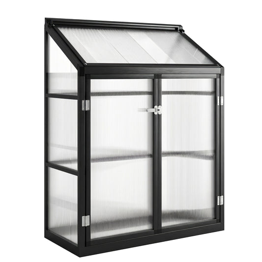 Outsunny 4 x 2ft Polycarbonate Greenhouse, Quick Setup, Lean-to Green House with 2 Hinged Doors, Top Vent, Black