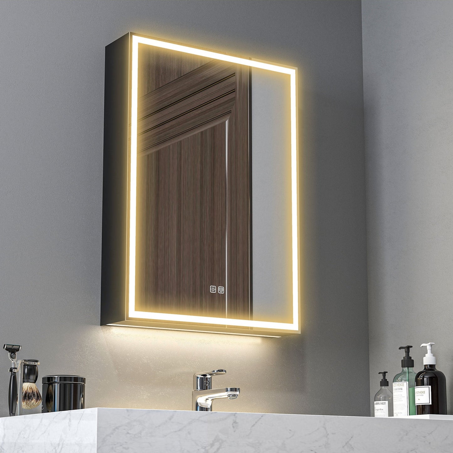 HOMCOM Bathroom Mirror Cabinet with LED Lights and Shaver Socket, 500 x 700 mm Wall Mounted Bathroom Cabinet with Mirror, Demister Pad, Dimmer, 3 Colours, Medicine Cabinet, Black