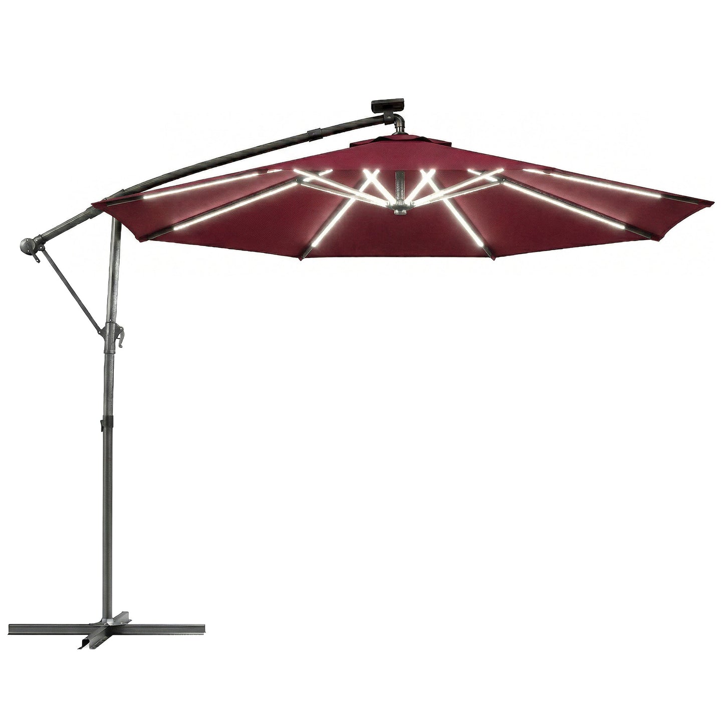 Outsunny 3 m Garden Cantilever Parasol with LED Solar Light, Round Overhanging Umbrella with 360 degrees Rotation, Cover, Wine Red